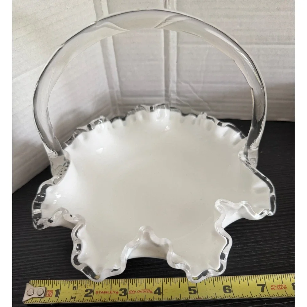 Fenton White Milk Glass Silver Crest Ruffled Basket Clear Bamboo Handle 7 inch